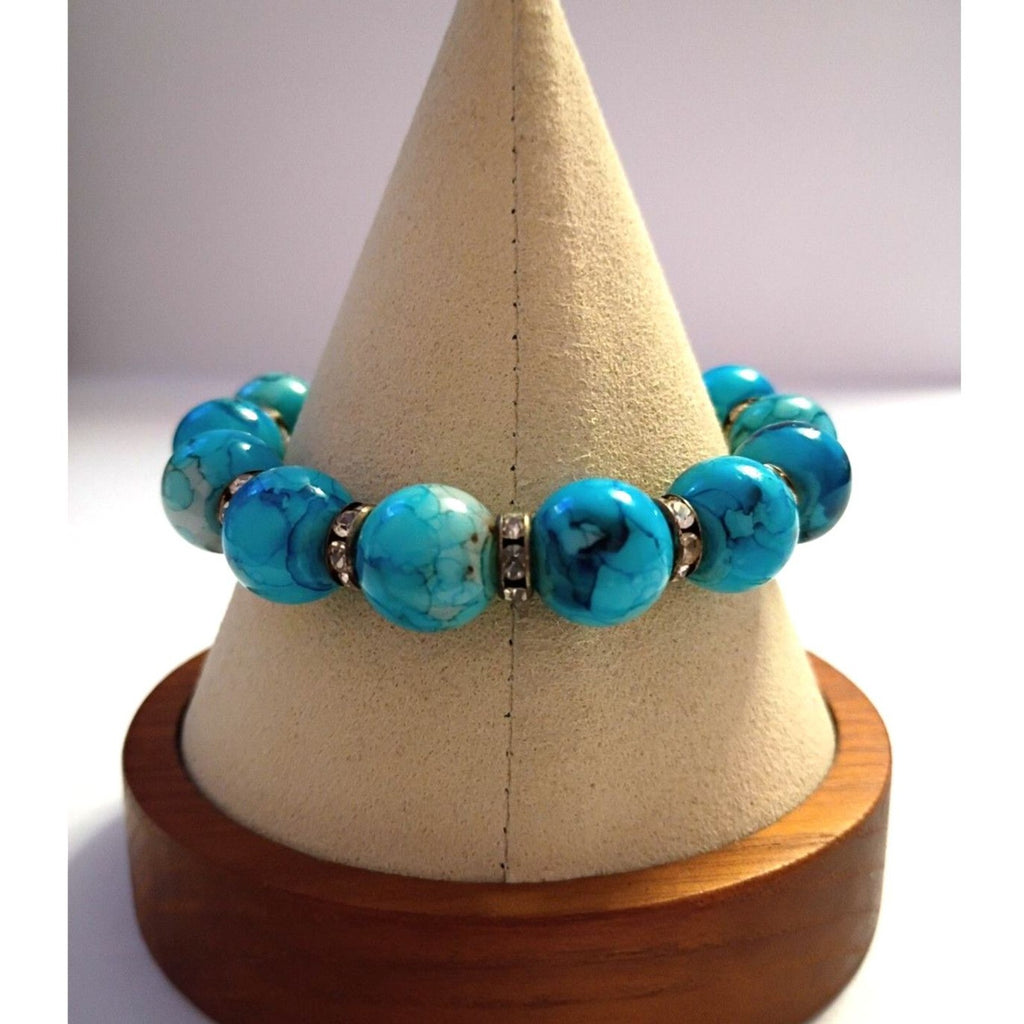 Turquoise Blue Glass Beaded Bracelet with Rhinestone Rondel Spacers Ocean Vibe