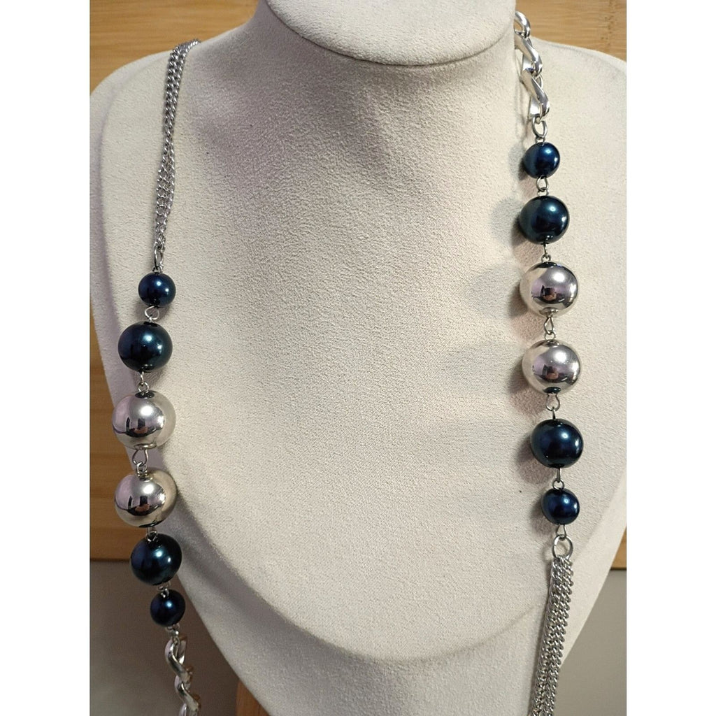 Vintage Rope Chain Necklace Deep Blue Turquoise & Silver Tone Beads