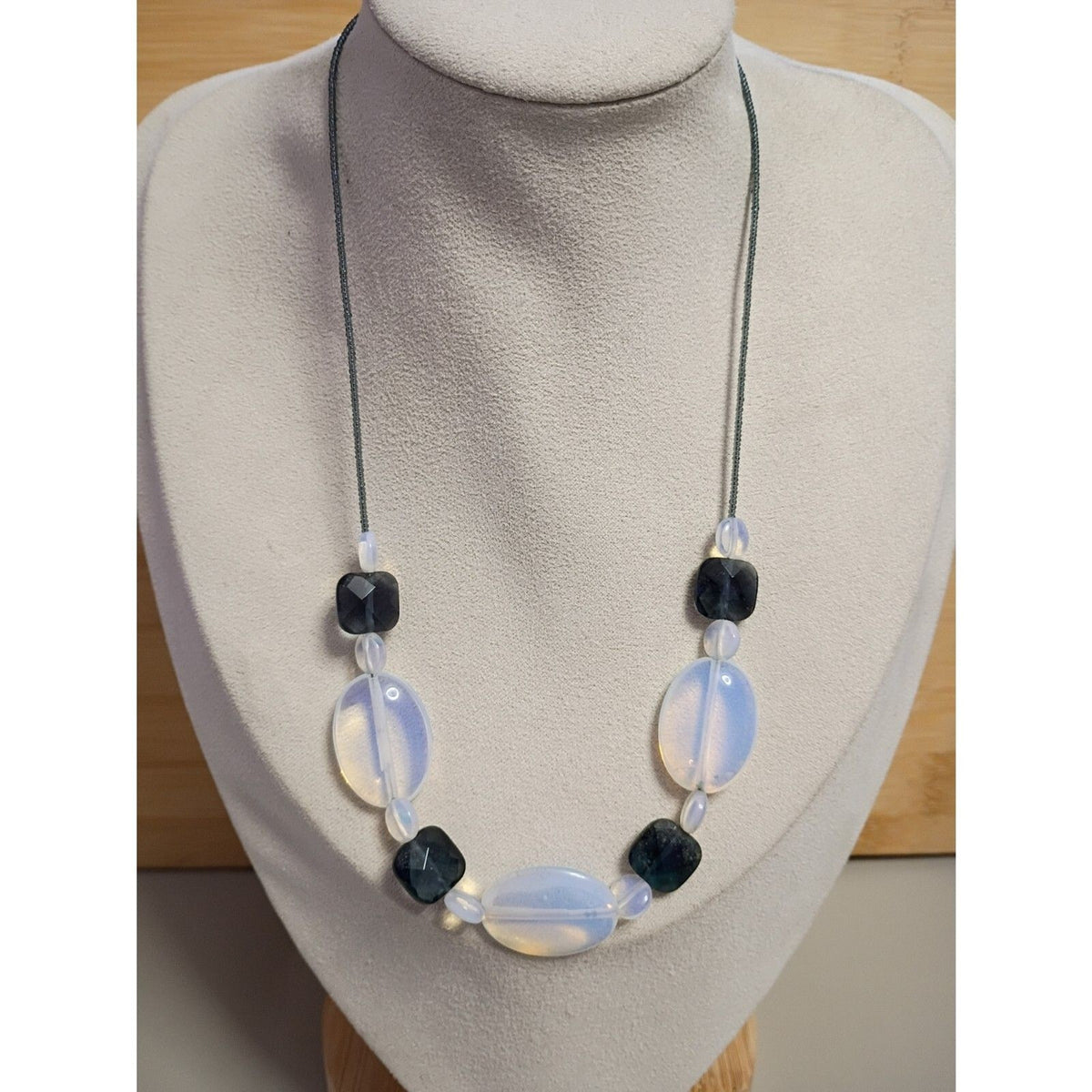 Vintage Blue Oval Glass Bead & Seed Beaded Cord Necklace