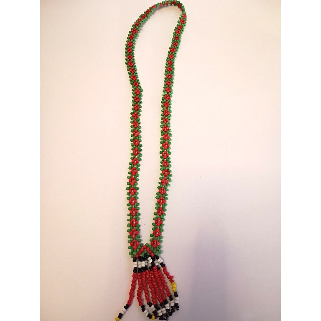 Vintage Lovely Seed Bead Red and Green Netted Chain Tassel Necklace Tribal Style