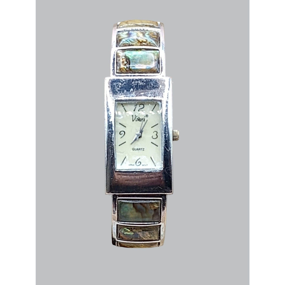 1980s Accutime K977 Vivani Abalone Inset Vintage Cuff Bracelet Watch