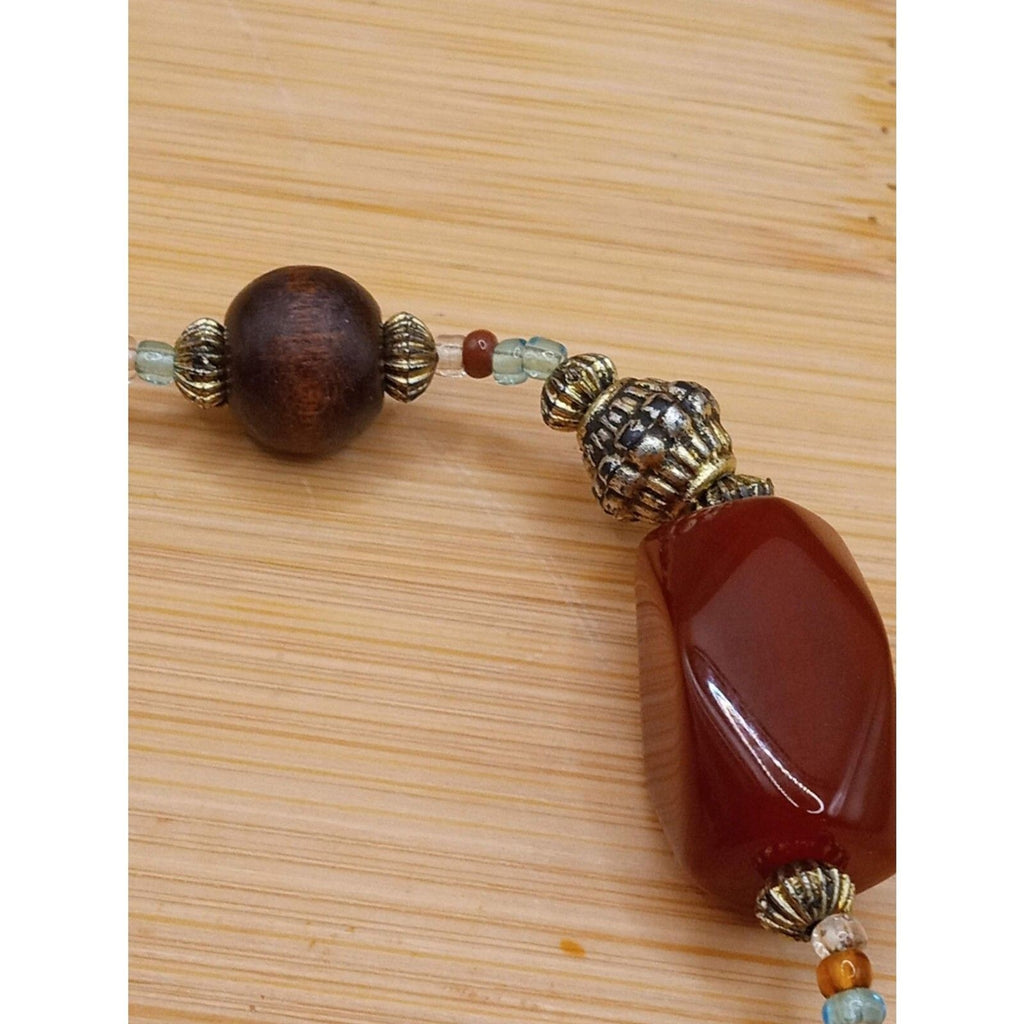 Vintage Asymmetrical Amber Lucite Beads w Round natural Wood Beads Bracelet