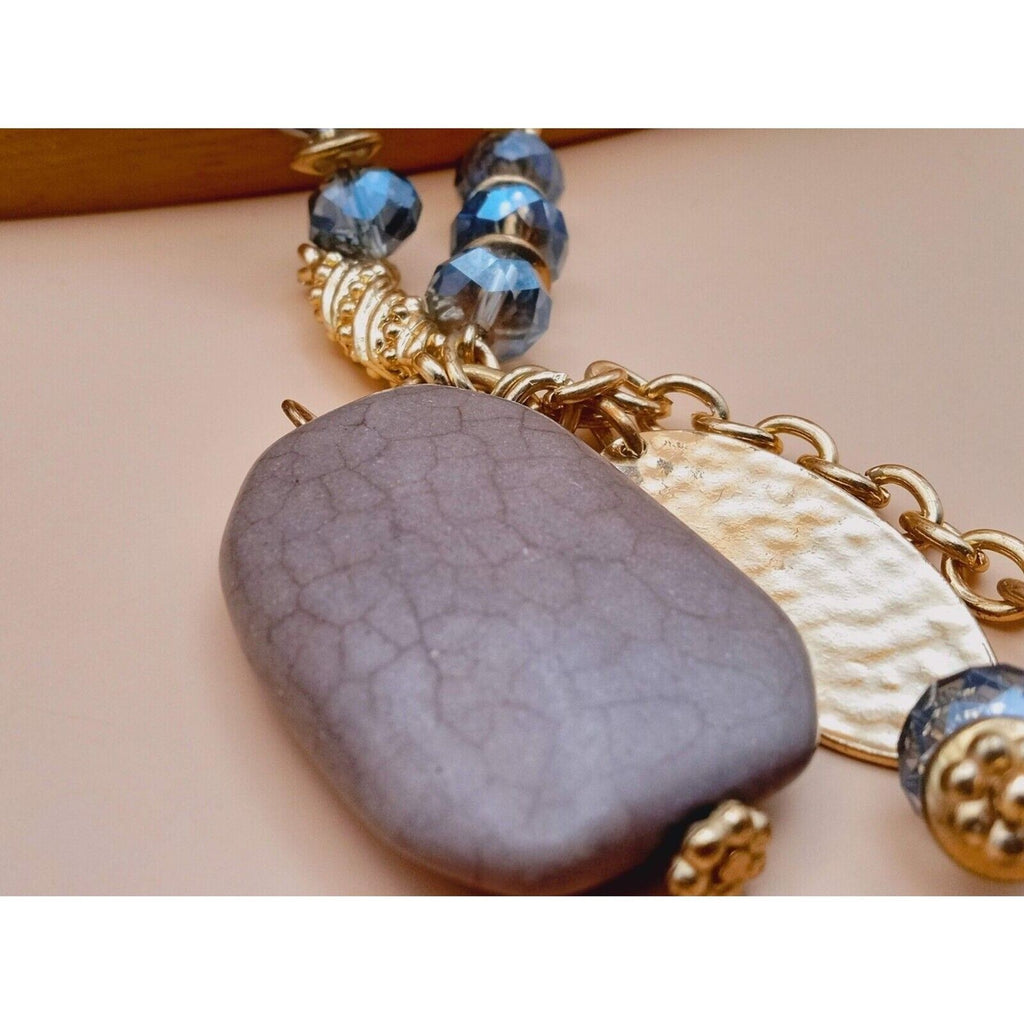 Natural Snakeskin Agate Boho Strap Tassel with Carved Gold Tone Beads Necklace