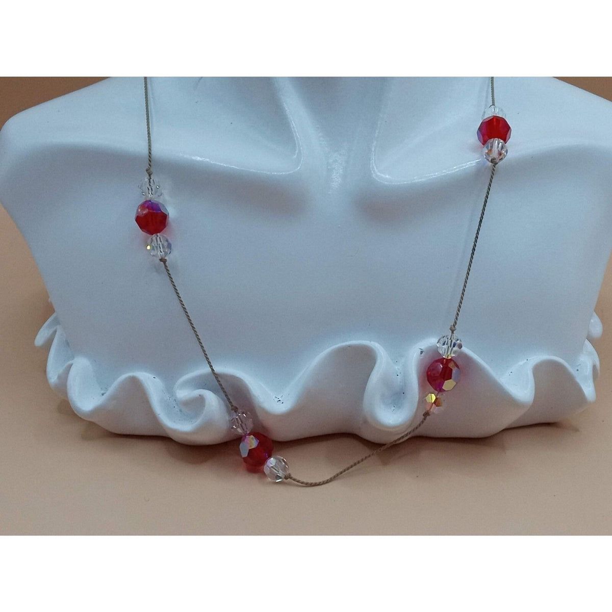 60s Iridescent Red, Clear Octagonal Cut Crystal Bead Necklace .925 Silver Clasp