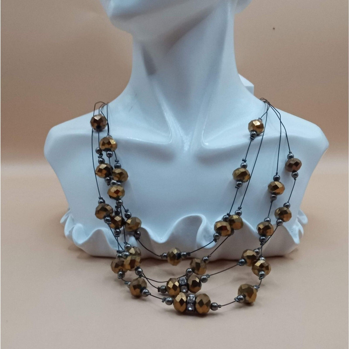 Vintage Hexagonal Cut Glass Beaded Quad Stranded Necklace in Bronze Tones