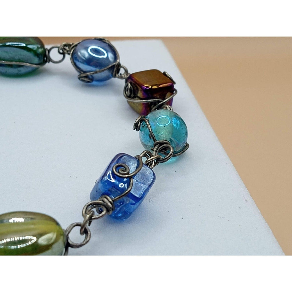 Vintage Round & Square Artisan Glass Beads Wire Wrapped Bracelet