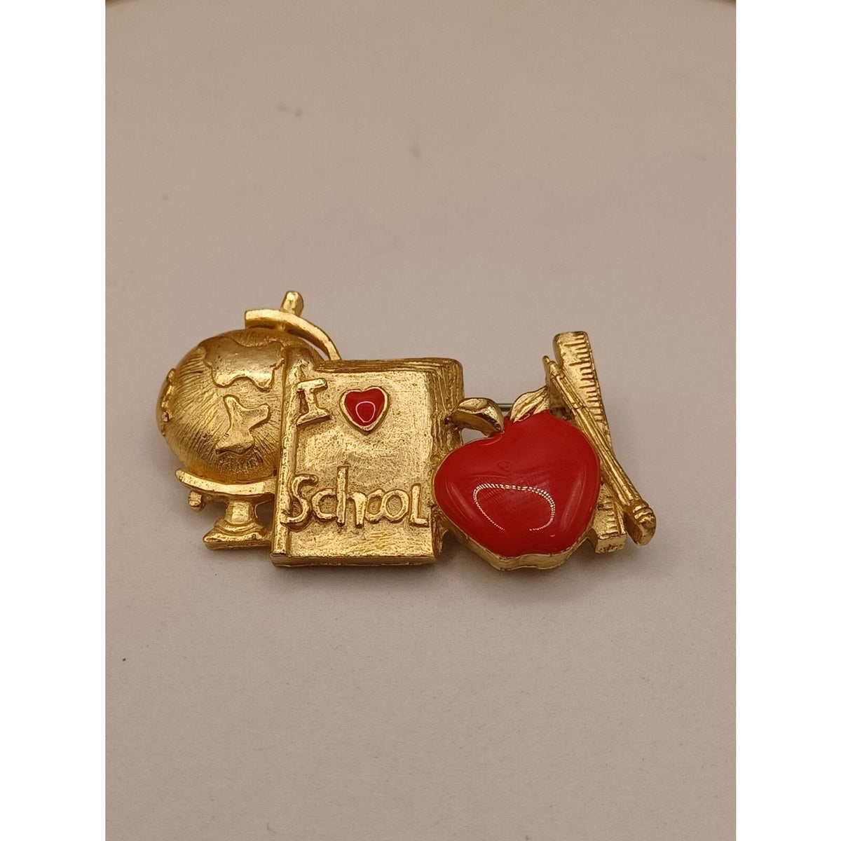Vintage Teachers Gift Globe, Book, Enamel Apple Brooch