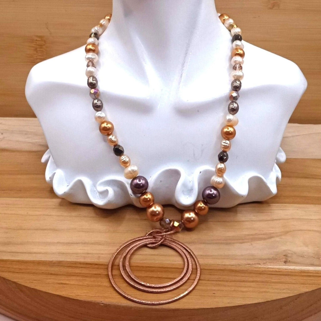 Chocolate & Copper Faux Pearl Beaded Necklace with Concentric Circle Pendant