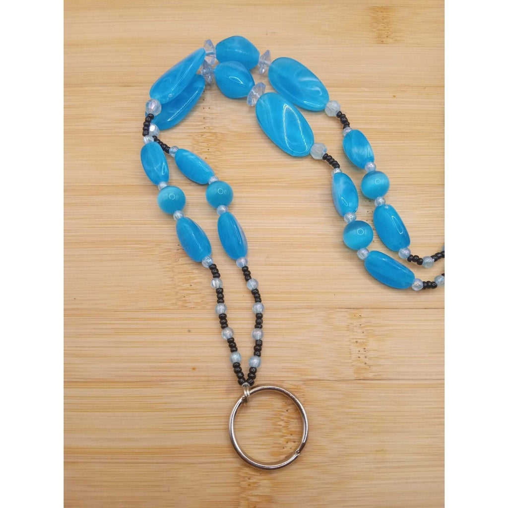 VTG Ice Blue Lucite Funky Beaded Lanyard Black Seed Beads