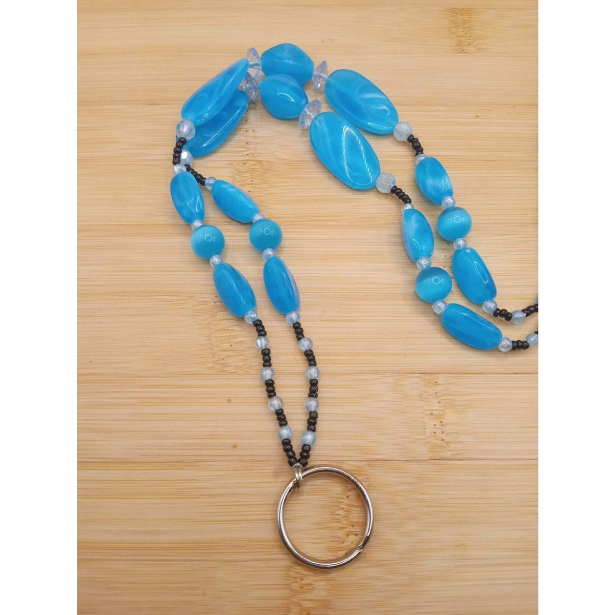 VTG Ice Blue Lucite Funky Beaded Lanyard Black Seed Beads