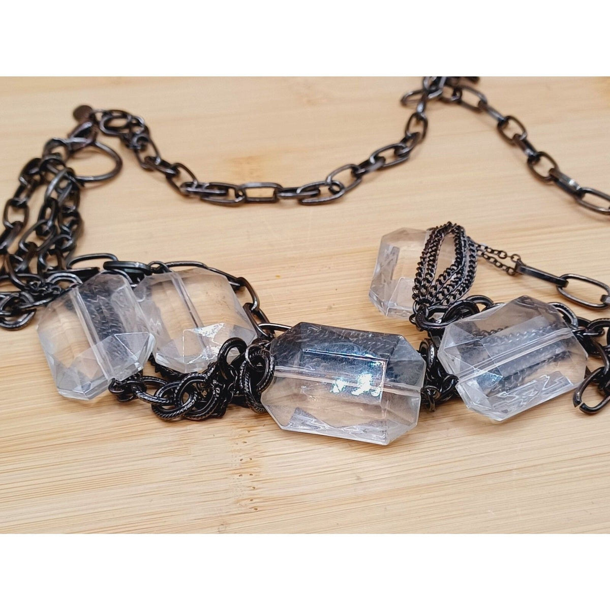 Cookie Lee Metal Gray Drawn Cable Chain Faceted Lucite Beads Layered Necklace