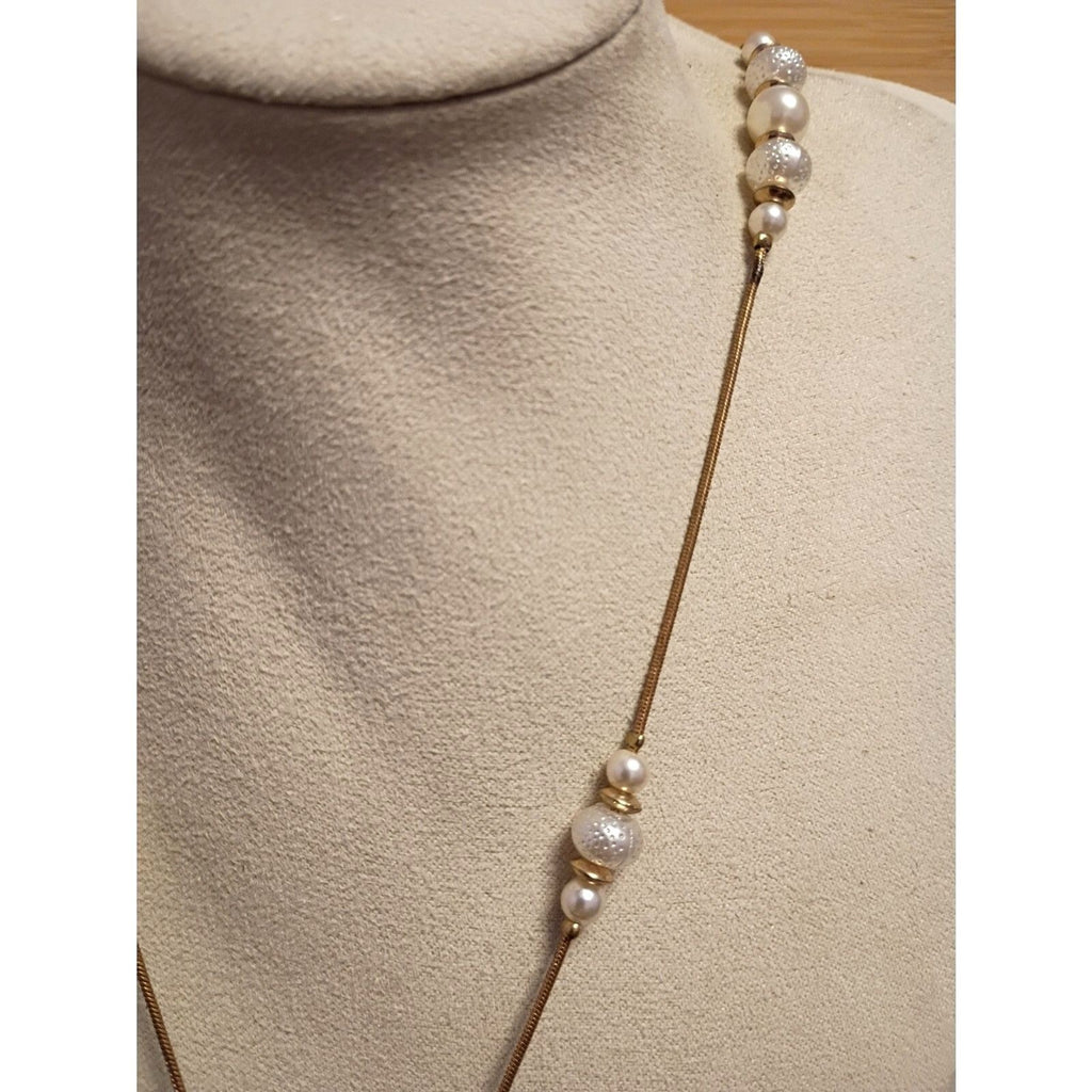 Vintage Gold Tone Station Tassel Necklace with Faux Pearls & White Beads