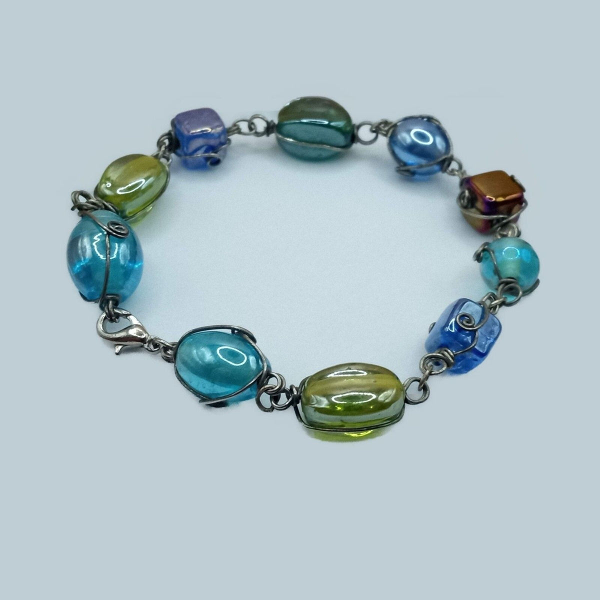 Vintage Round & Square Artisan Glass Beads Wire Wrapped Bracelet