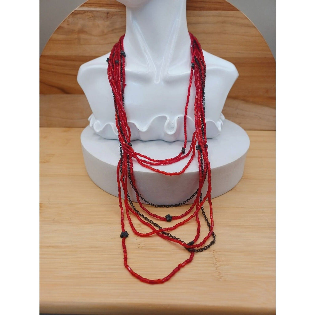 Multi Strand Layered Red Beads Bronze Color Flower Necklace