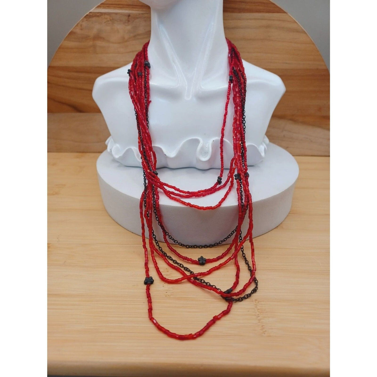 Multi Strand Layered Red Beads Bronze Color Flower Necklace
