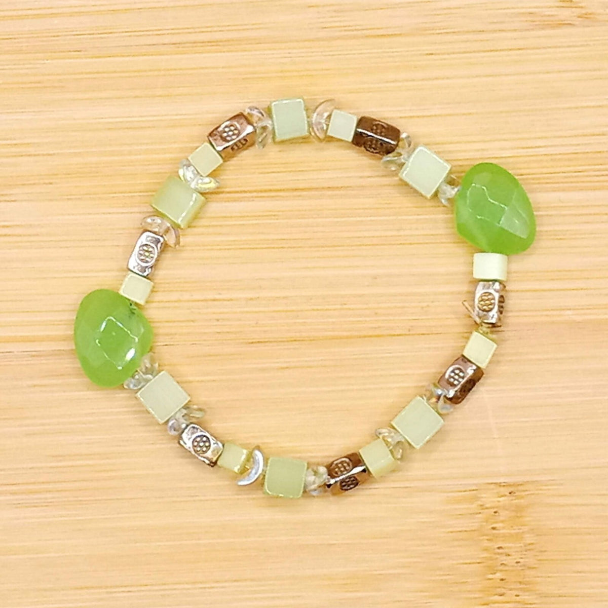 Vintage Seafoam Green Glass & Lucite Beaded Bracelet with Silver Spacers