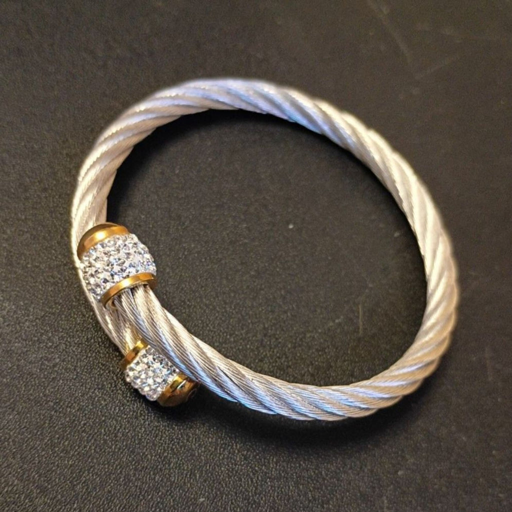 Marsala Signed Stainless Steel Cable Rope & Rhinestone Barrel Accent Cuff Bracelet