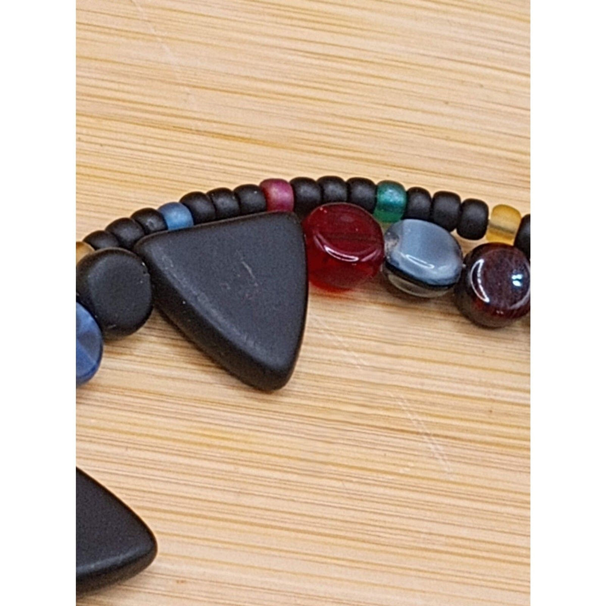 Vintage Double Strand Glass Beaded Bracelet Triangle, Disc, and Seed Bead Black and Multicolor