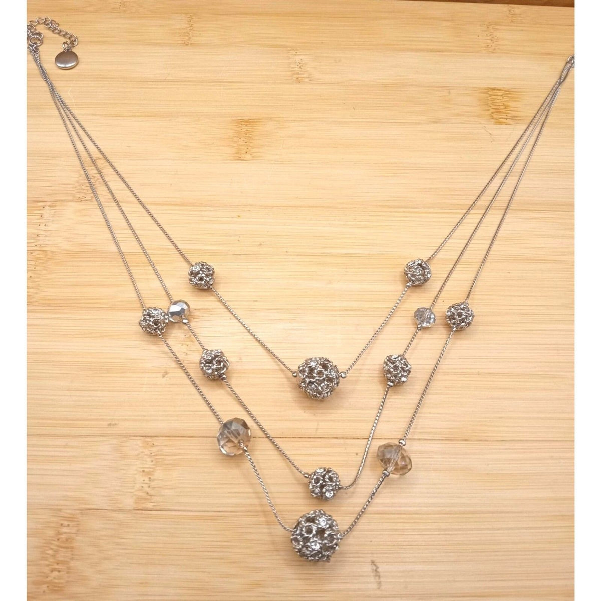 Triple Cascading Strand Crystal & Silver Tone Filigree Bead Rhinestones Necklace