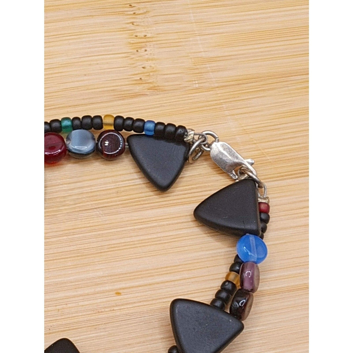 Vintage Double Strand Glass Beaded Bracelet Triangle, Disc, and Seed Bead Black and Multicolor