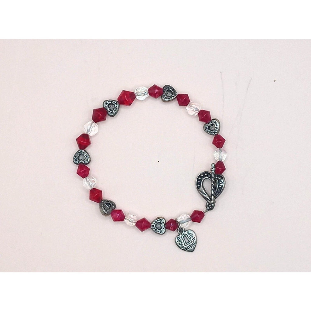 Antiqued Metal Heart & Red Bicone Crystal "Made with Love" Charm Bracelet
