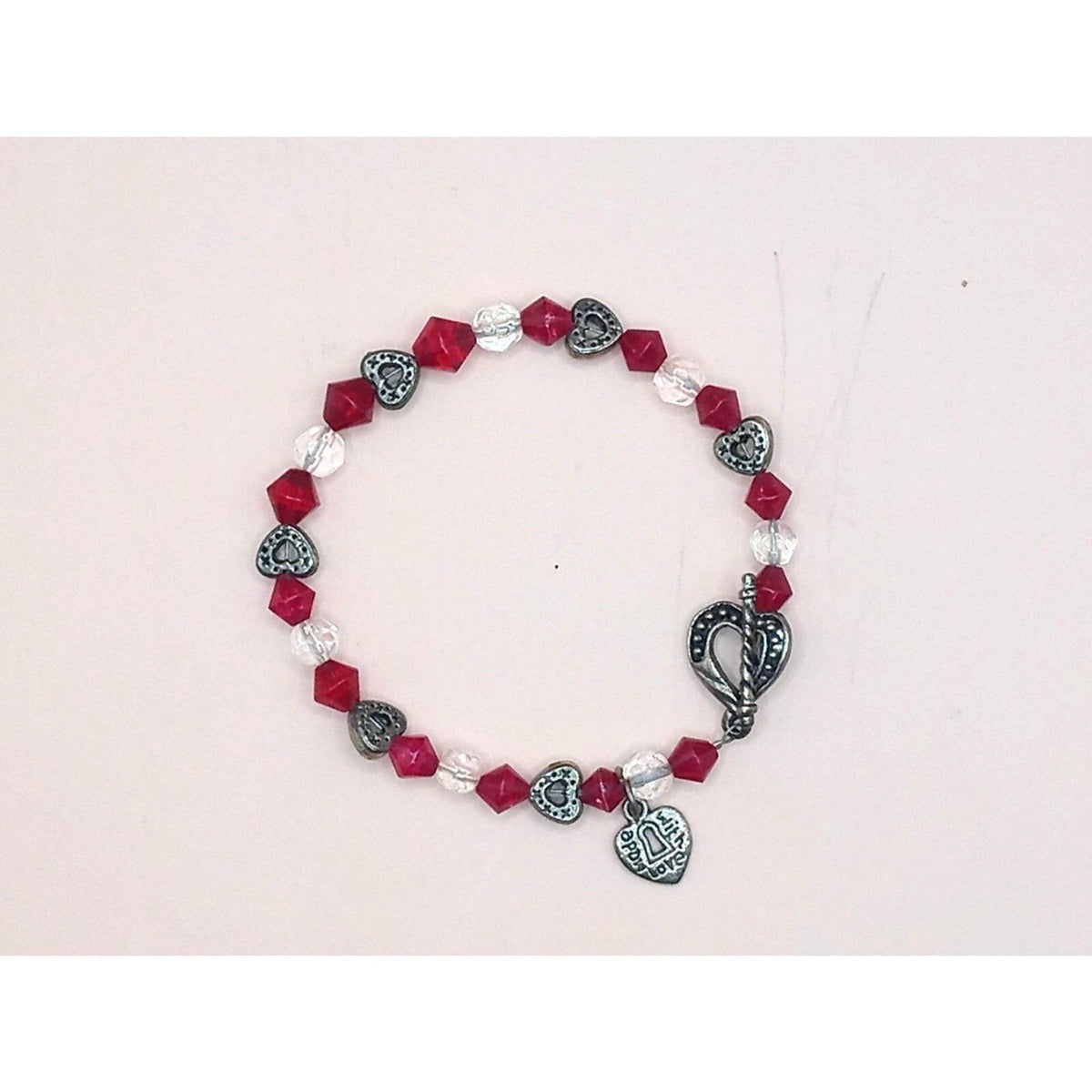 Antiqued Metal Heart & Red Bicone Crystal "Made with Love" Charm Bracelet