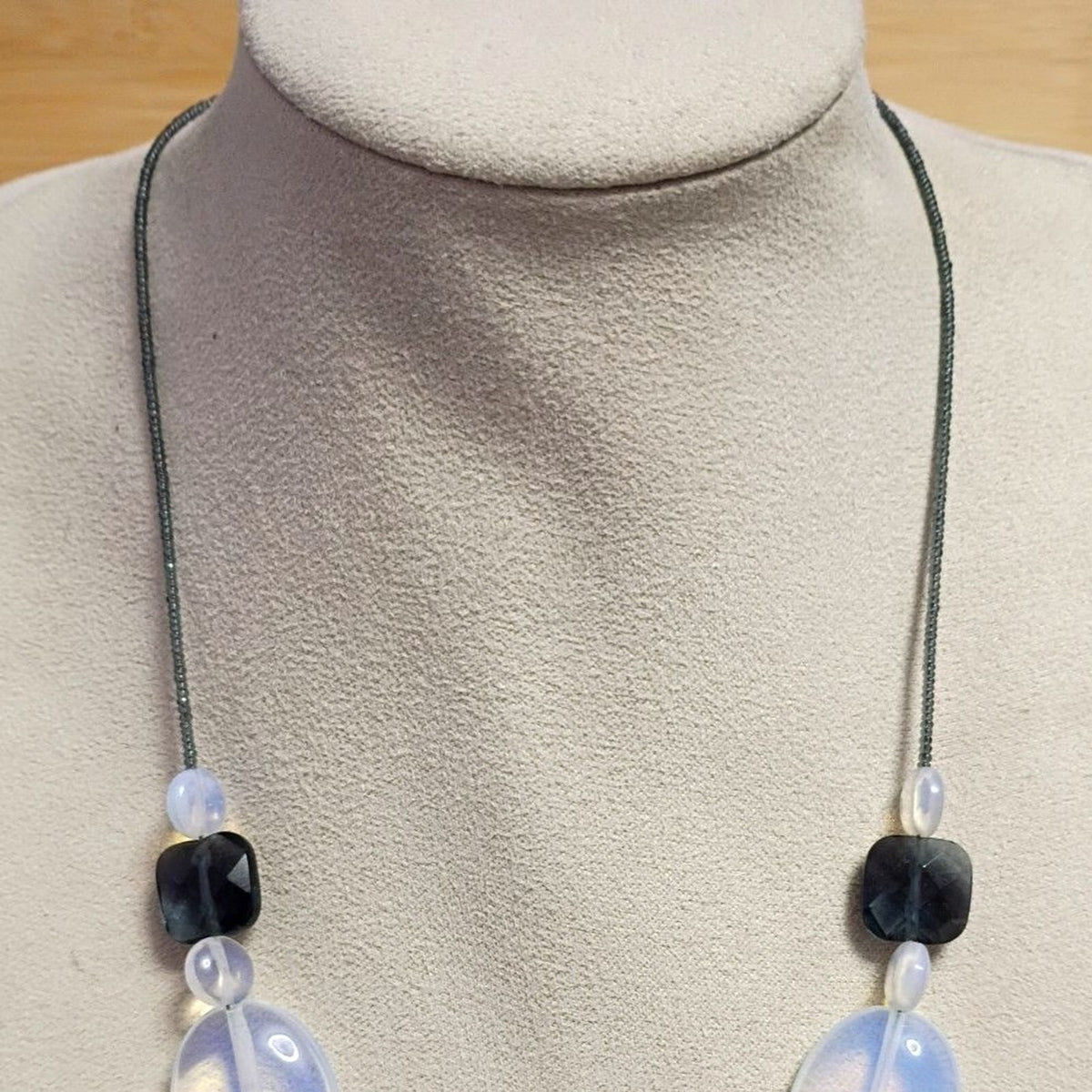 Vintage Blue Oval Glass Bead & Seed Beaded Cord Necklace
