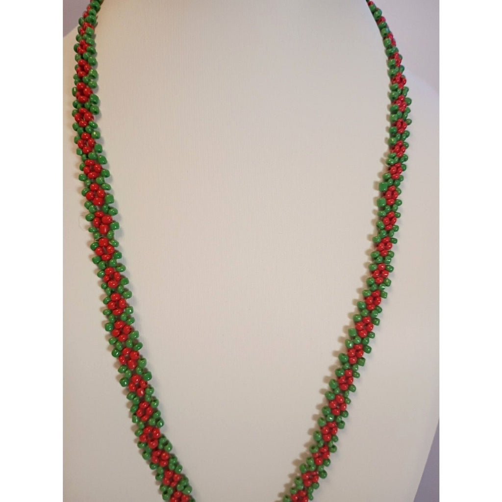 Vintage Lovely Seed Bead Red and Green Netted Chain Tassel Necklace Tribal Style