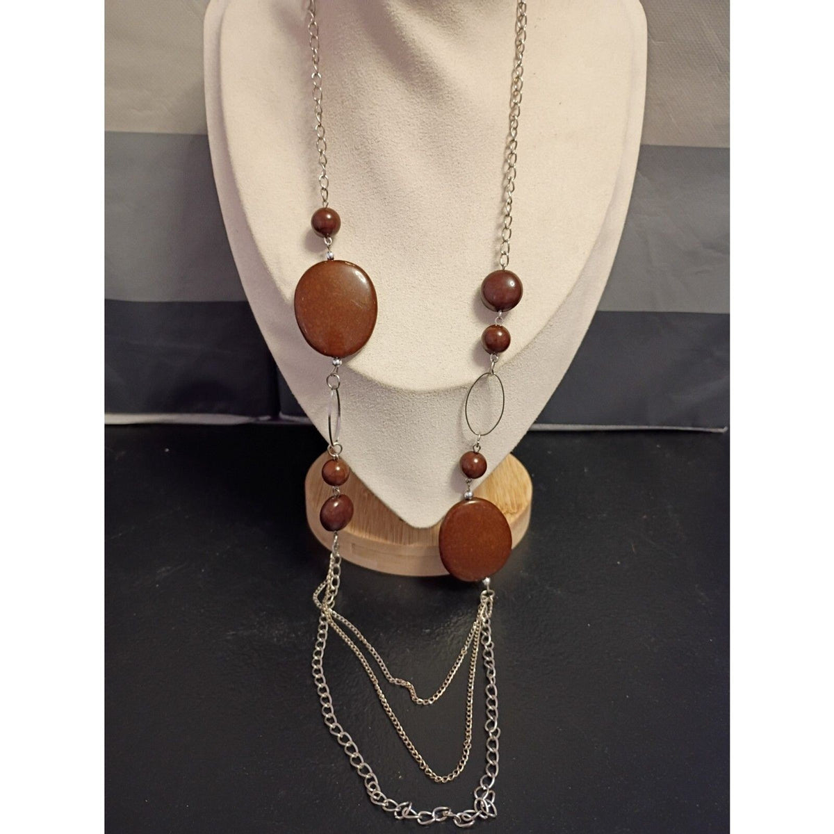 Vintage Chocolate Brown Chunky and Small Lucite Bead Silvertone Necklace
