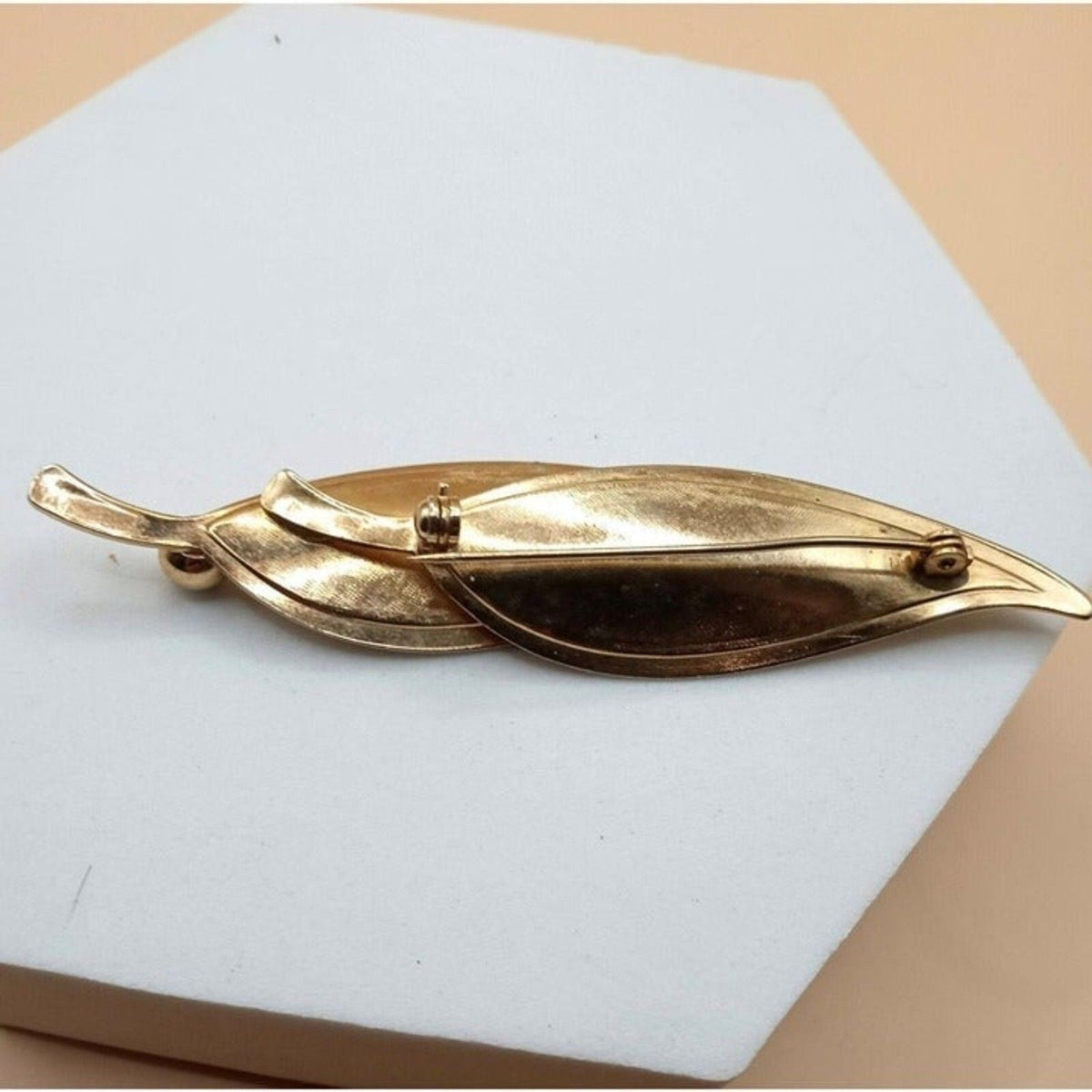 Vintage Long Gold Tone Double Leaf Art Deco Style Brooch Pin