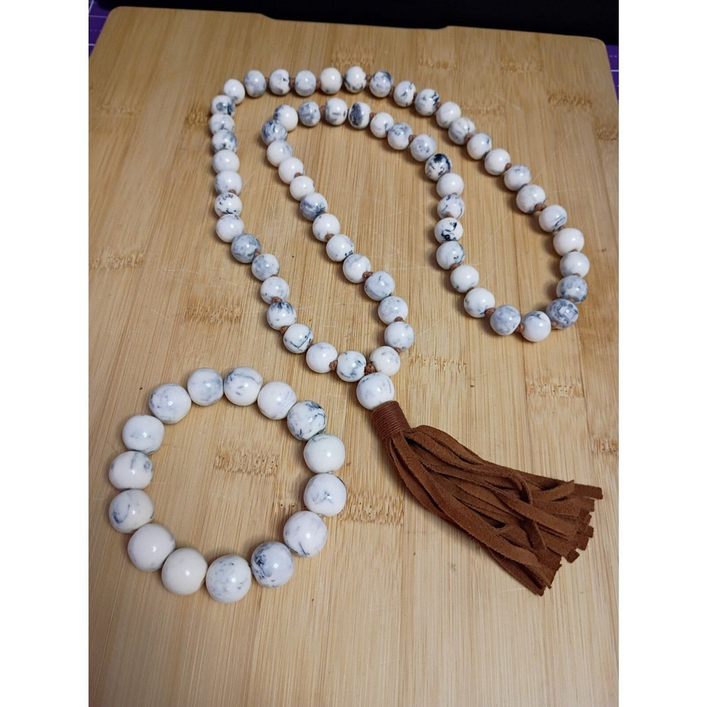 Vintage Black & White Howlite Stone Bead Tassel Necklace & Bracelet Set