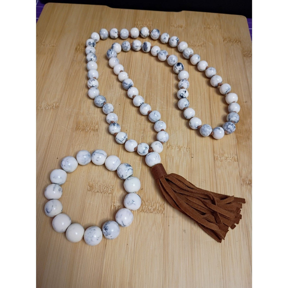 Vintage Black & White Howlite Stone Bead Tassel Necklace & Bracelet Set