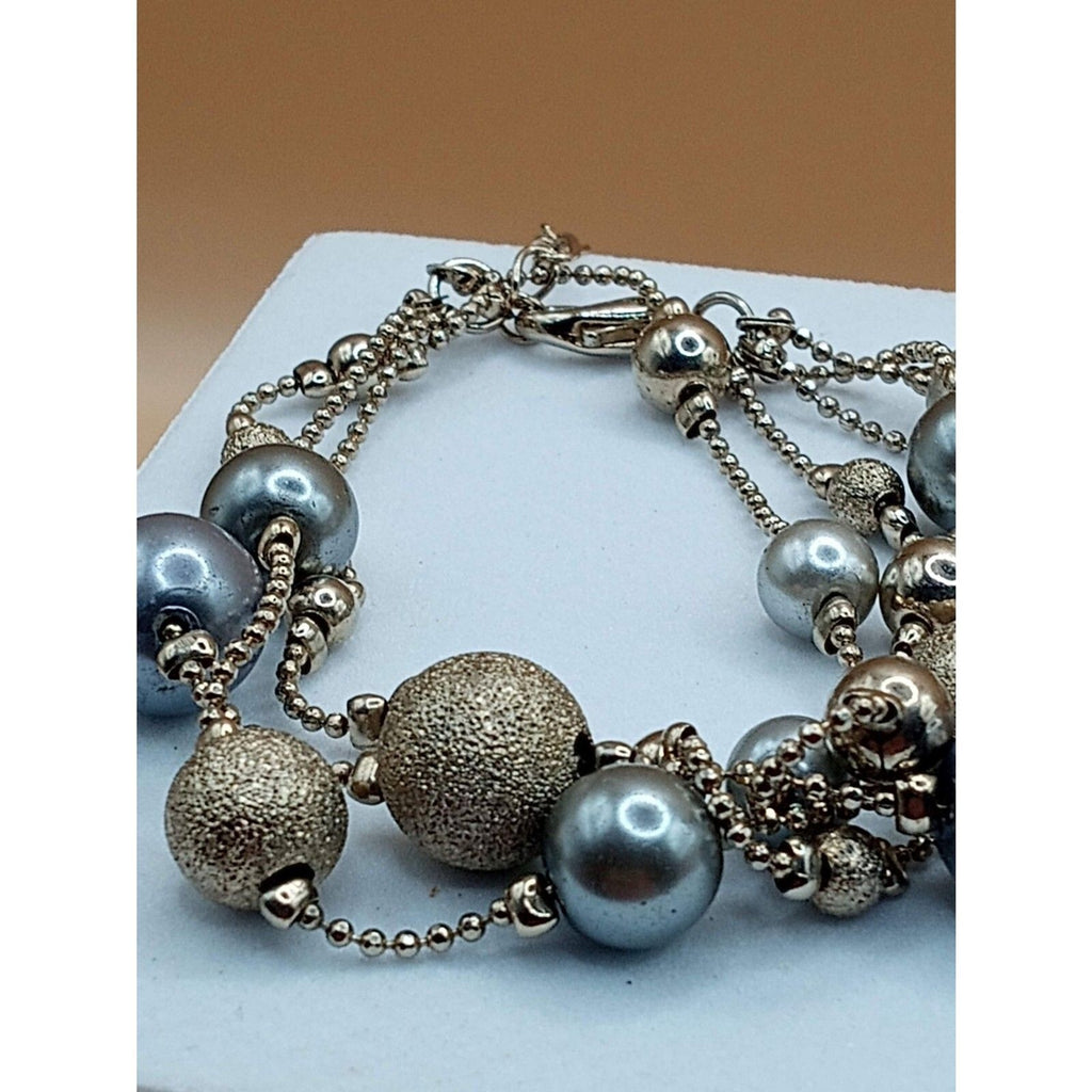Vintage Triple Strand Silver and Gold Tone Beaded Bracelet