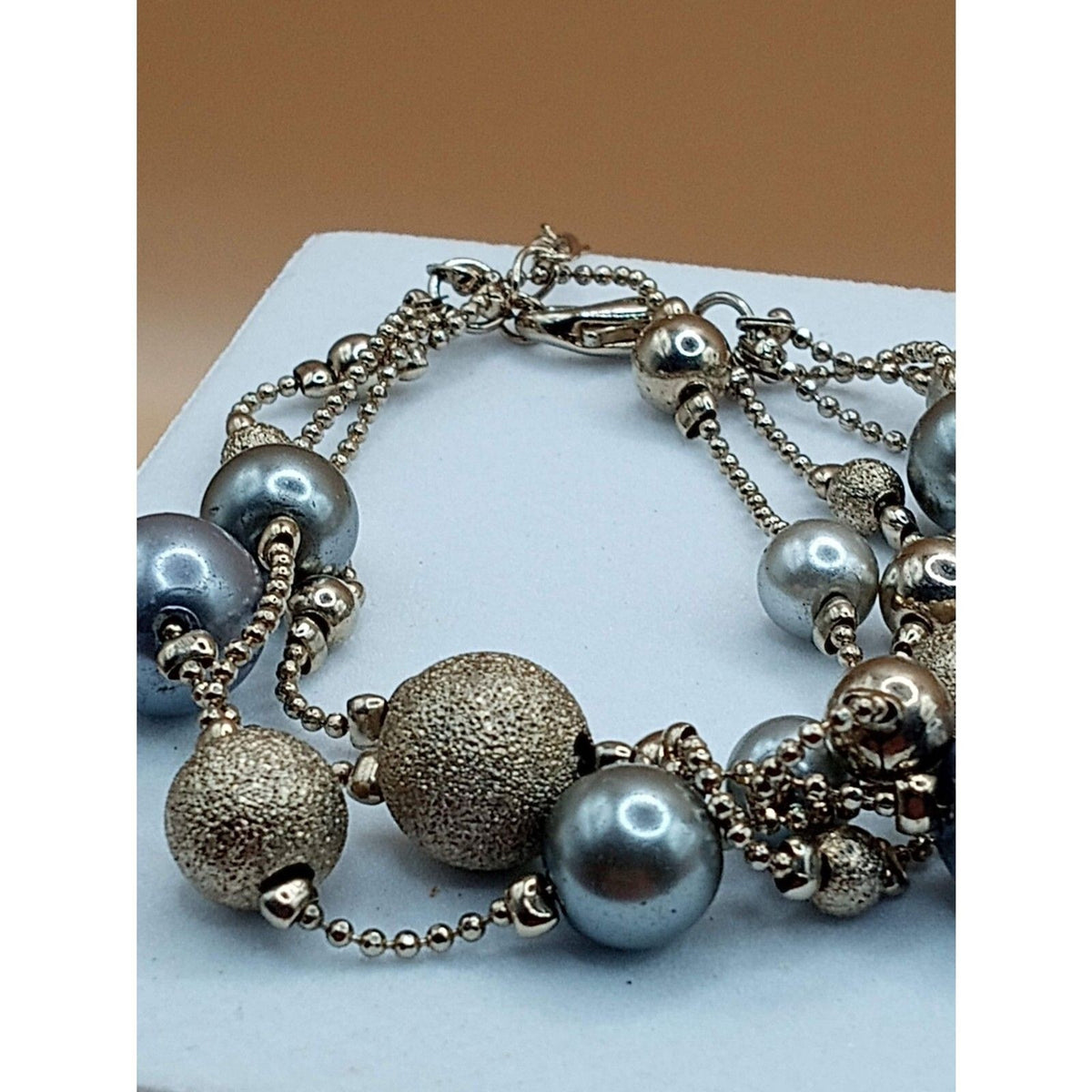 Vintage Triple Strand Silver and Gold Tone Beaded Bracelet