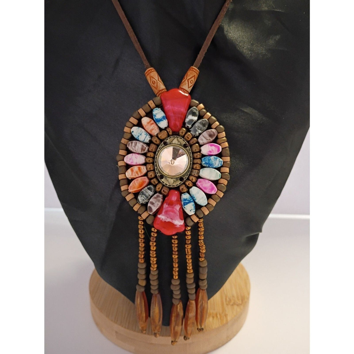 Vintage Leather Bohemian Style Necklace Features a Colorful resin Beaded Pendant
