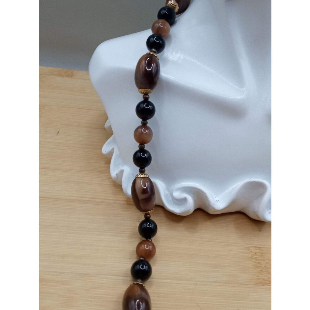 Vintage Root Beer Brown & Black Lucite Beaded Necklace with Gold-Tone Accent Stations