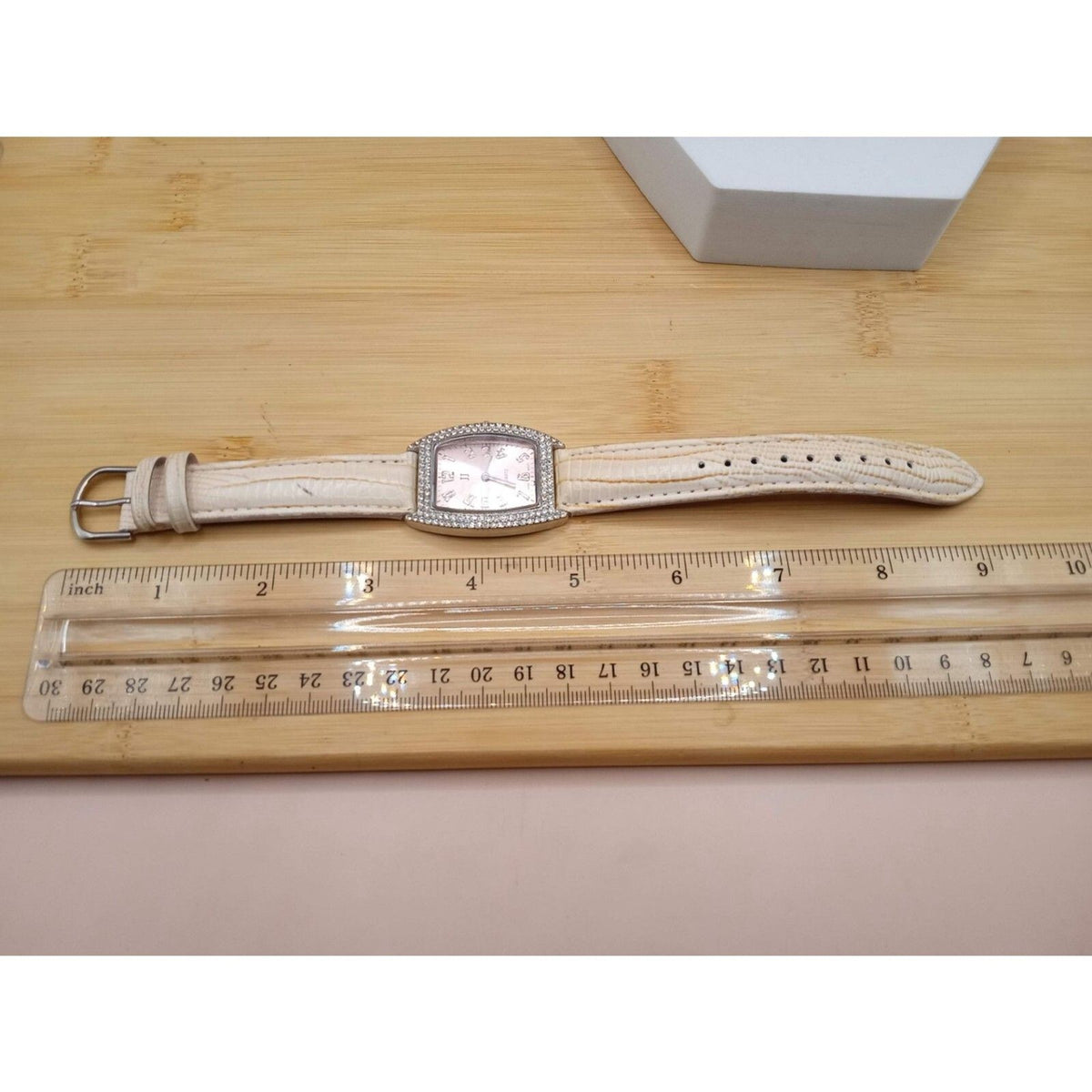 Women's JJ Square Rhinestone Quartz *Working* Watch w Pink Face and Cream Straps