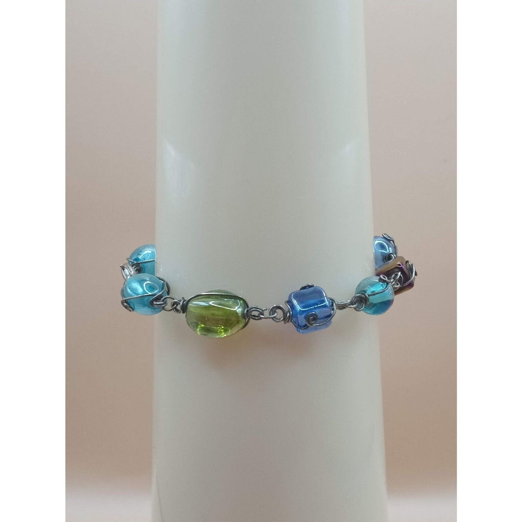 Vintage Round & Square Artisan Glass Beads Wire Wrapped Bracelet