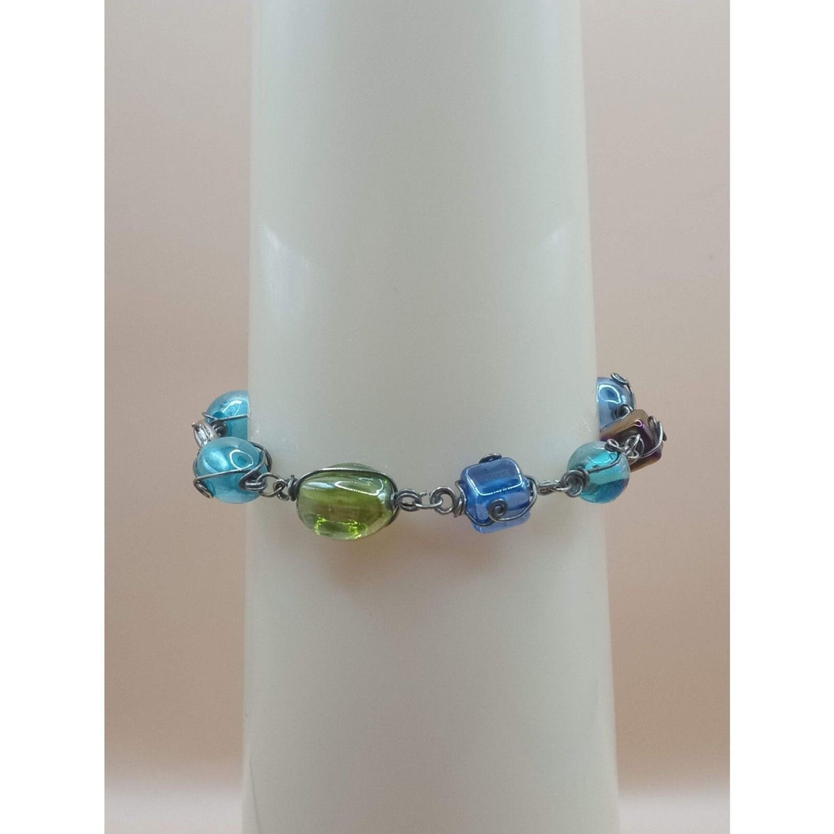 Vintage Round & Square Artisan Glass Beads Wire Wrapped Bracelet
