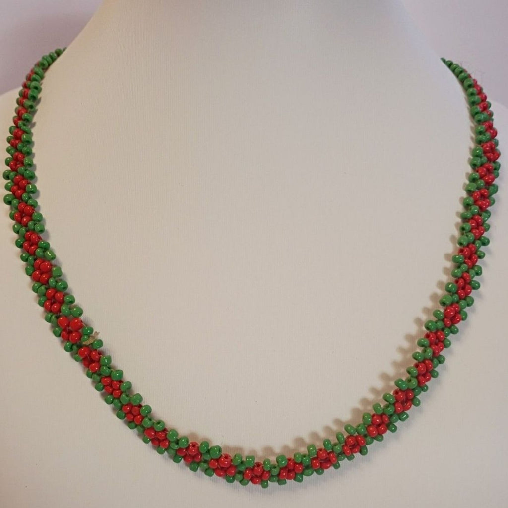 Vintage Lovely Seed Bead Red and Green Netted Chain Tassel Necklace Tribal Style