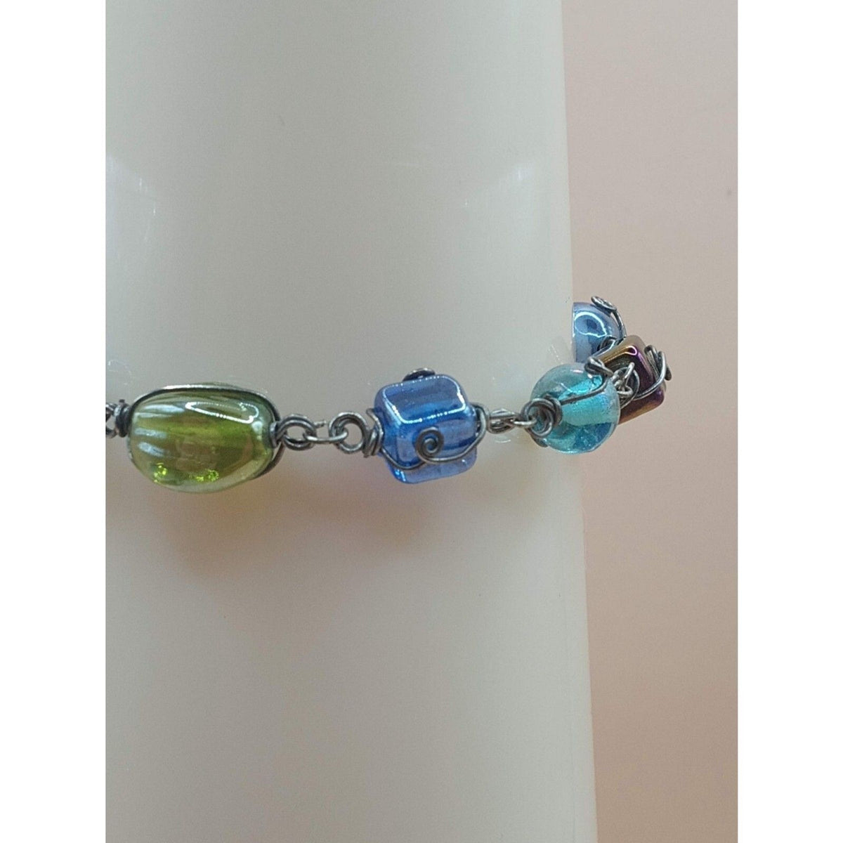 Vintage Round & Square Artisan Glass Beads Wire Wrapped Bracelet