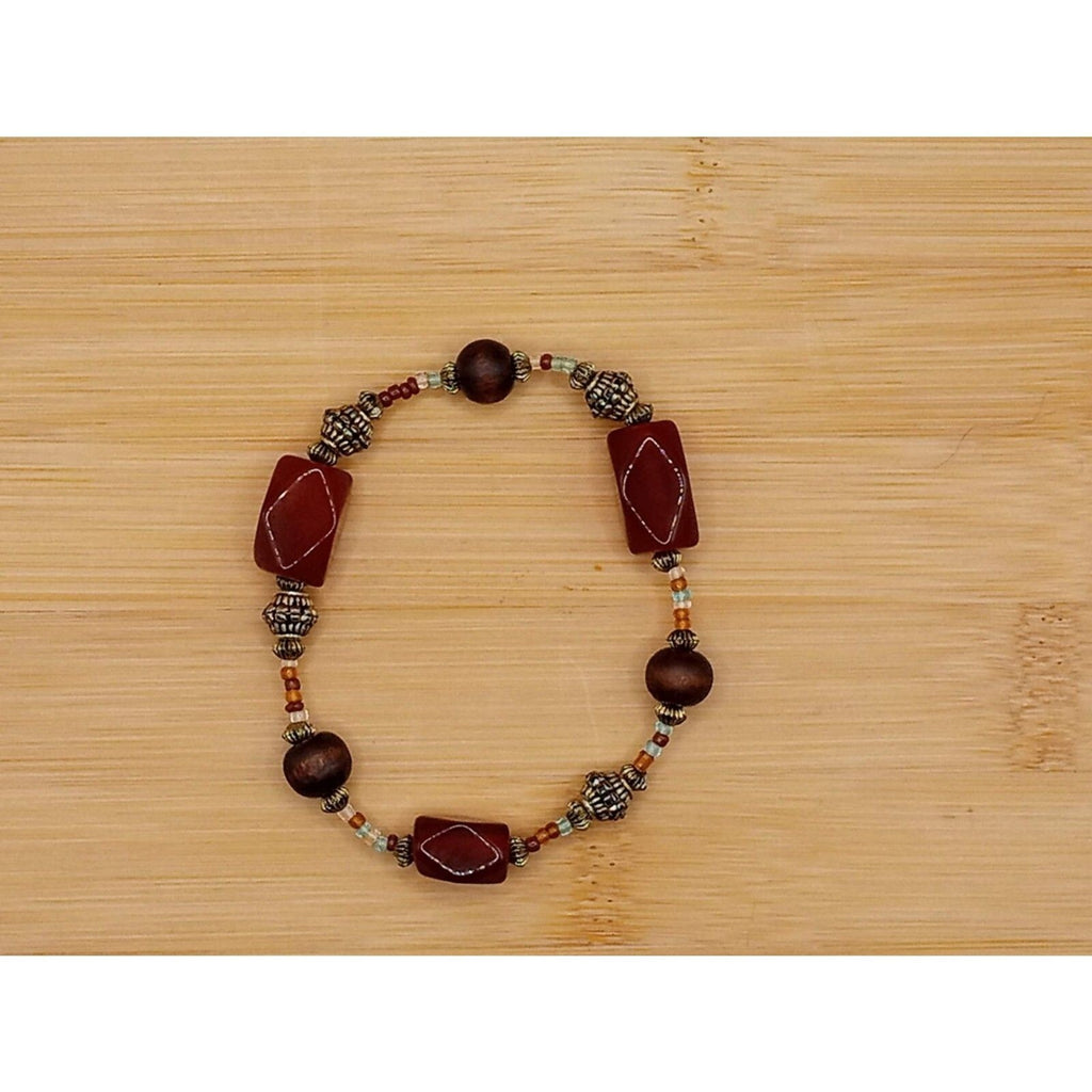 Vintage Asymmetrical Amber Lucite Beads w Round natural Wood Beads Bracelet