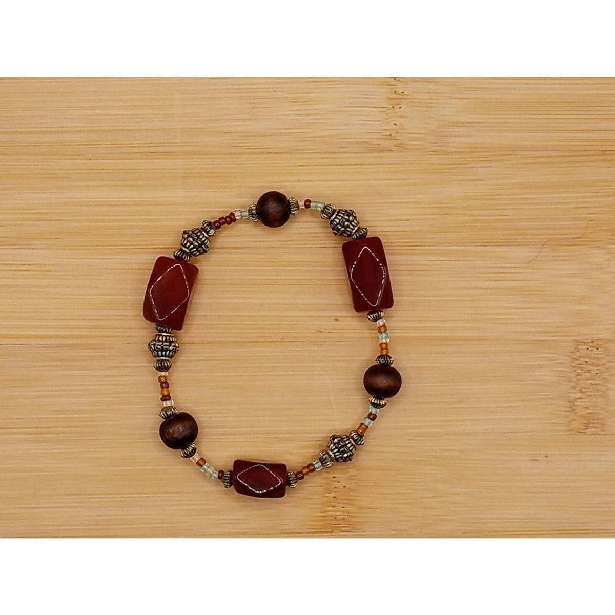 Vintage Asymmetrical Amber Lucite Beads w Round natural Wood Beads Bracelet
