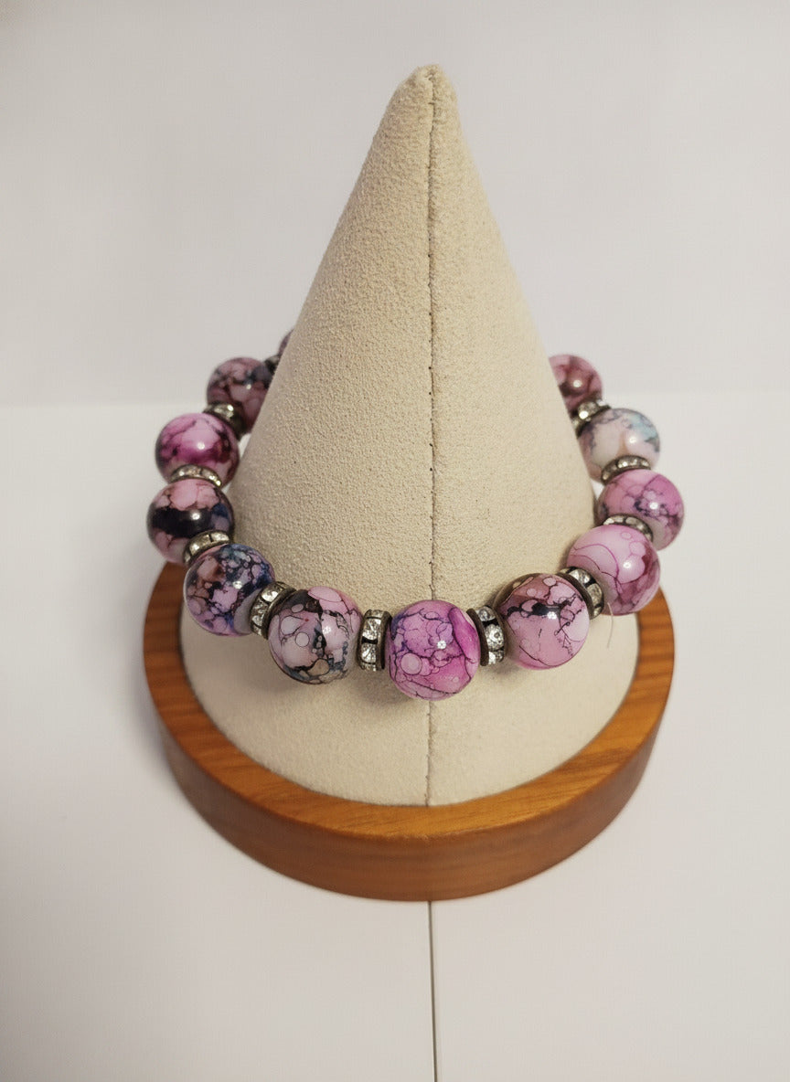 Vintage Beauty Pink, Black and Blue Swirled Beaded Stretch Bracelet