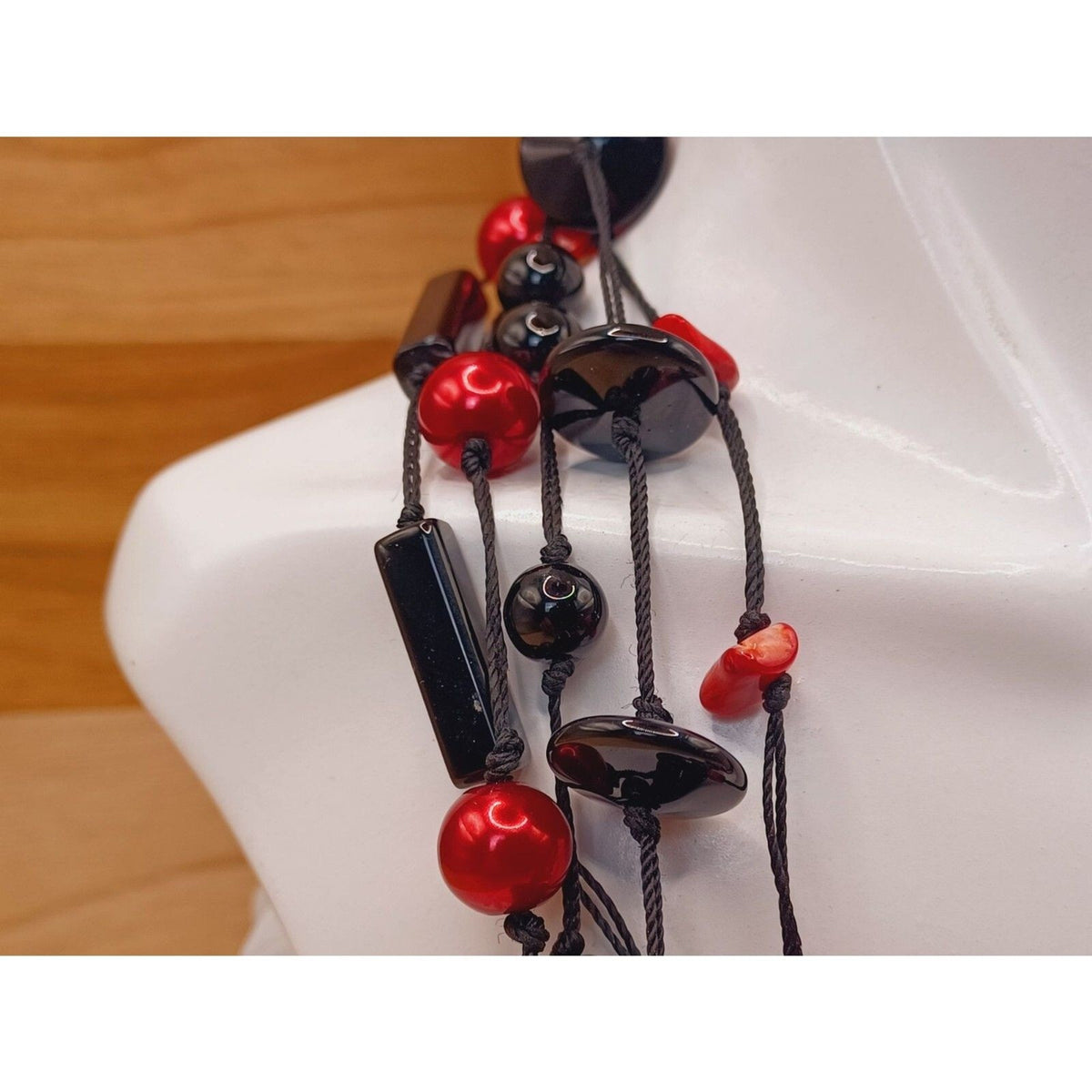 Vintage Red and Black Geometric Shaped Glass Bead 5 Strand Layered Necklace