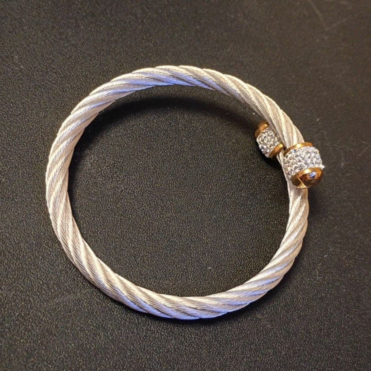 Marsala Signed Stainless Steel Cable Rope & Rhinestone Barrel Accent Cuff Bracelet