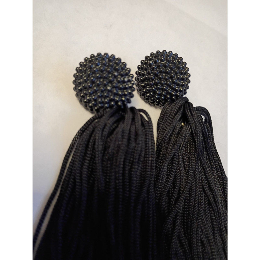 Vintage Elegant Beaded Circle Black Tassel Dangle 4" Drop Earrings
