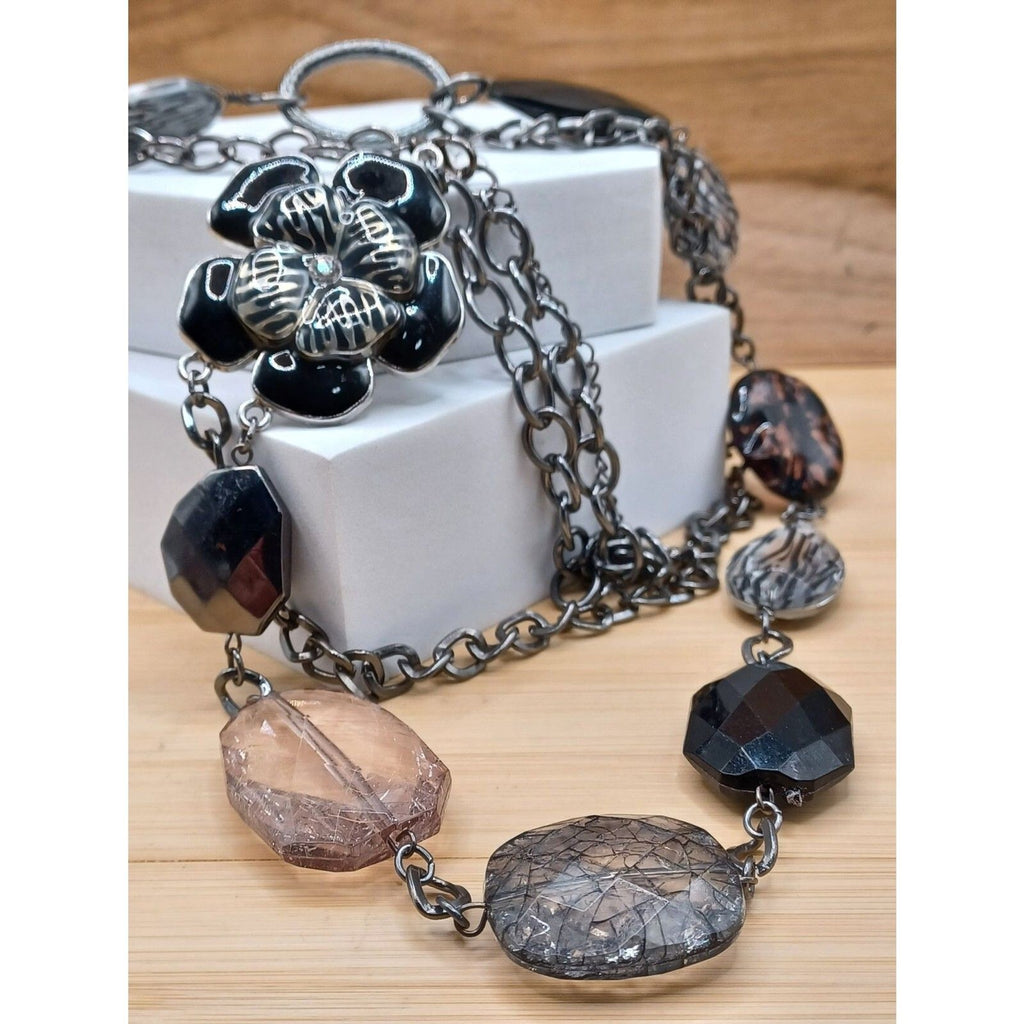 NY Collection Layered Flower Accent Lucite Zebra Stripe Beads Vintage Necklace