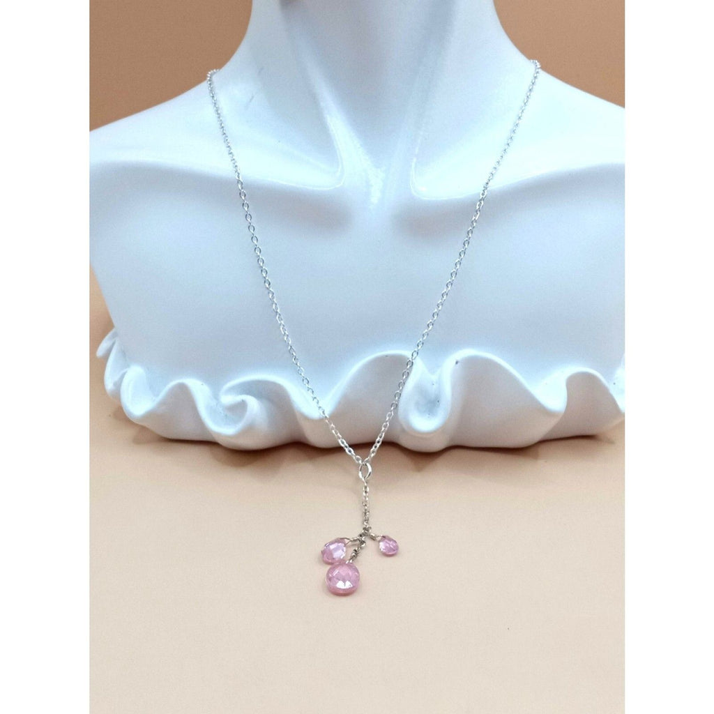 NRT marked Silver Tone Chain with 3 Pink Crystal Dangle Pendant Necklace
