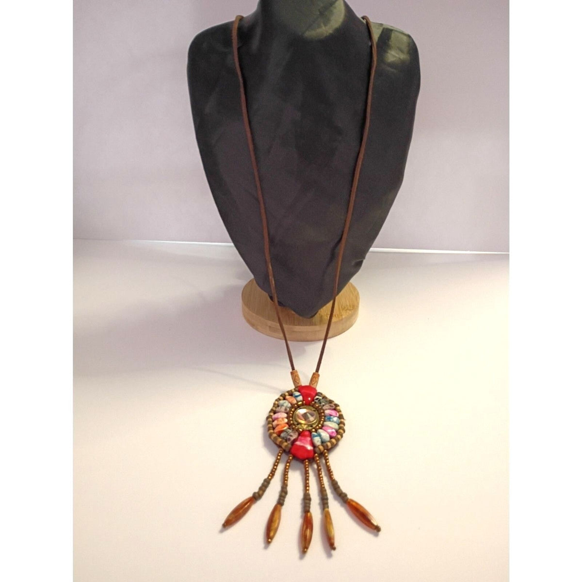 Vintage Leather Bohemian Style Necklace Features a Colorful resin Beaded Pendant
